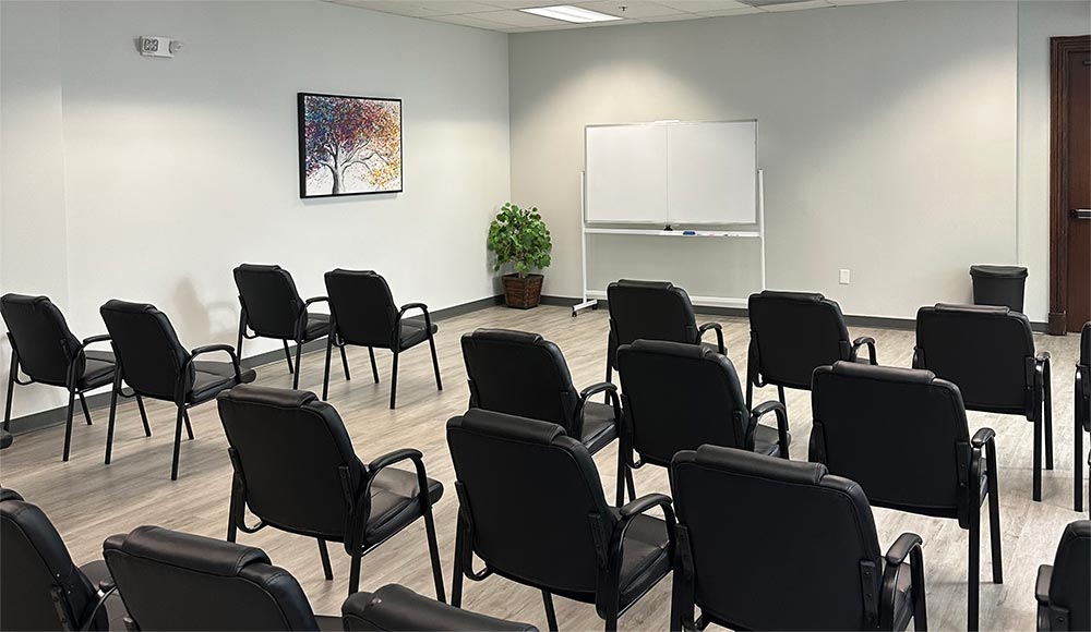 Group therapy room at the Massachusetts Center for Addiction used for counseling and recovery support sessions.